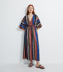 Vestido Midi em Algodão Listrado com Abotoamento Frontal