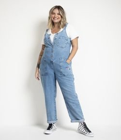 Jardineira Longa Jeans com Bordados e Barra Dobrada Curve & Plus Size