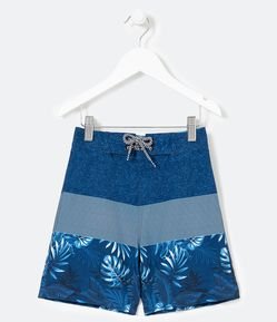 Bermuda de Banho Infantil em Microfibra Estampa de Listras e Folhagens - Tam 5 a 14 anos