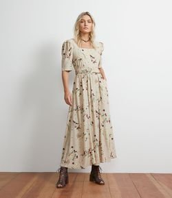 Vestido Longo em Viscose Estampa Floral com Cinto Elástico