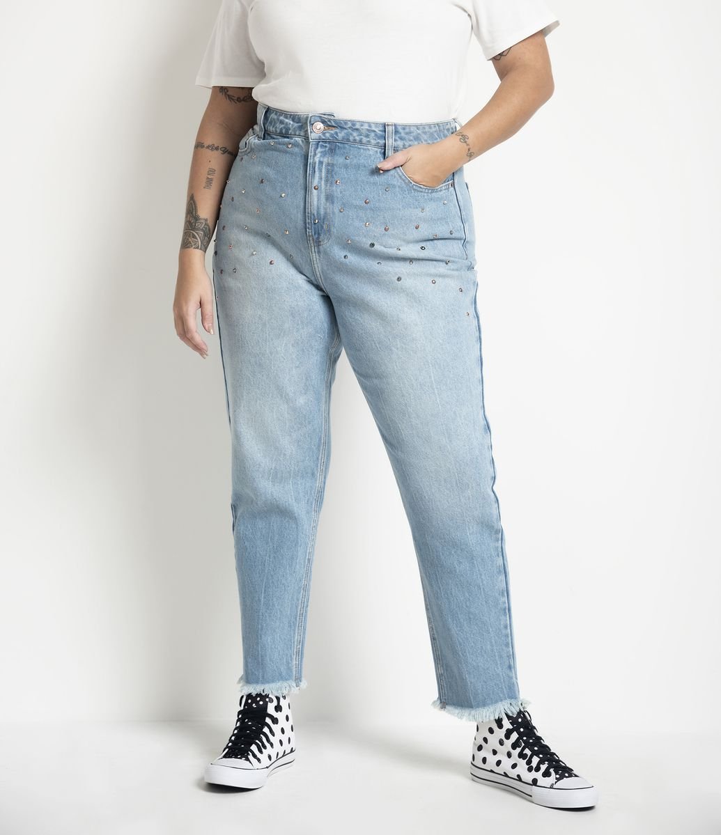 Calça Mom Jeans Com Tachas Aplicadas Curve And Plus Size Azul Renner