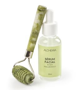 Kit com Rolo Massageador de Pedra Jade e Sérum de Ácido Hialurônico Alchemia