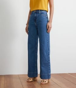 Calça Wide Leg Jeans com Bordado no Bolso Traseiro