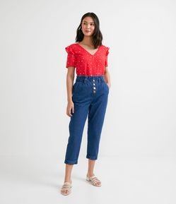 Blusa Manga Curta em Chiffon com Babados e Estampa de Corações