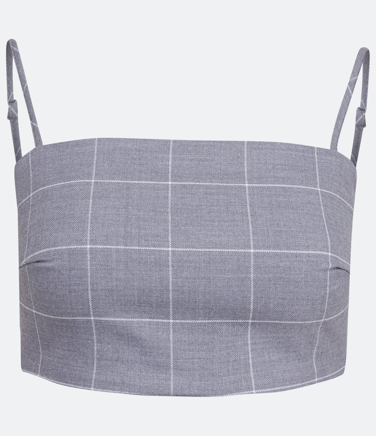 Blusa Regata Cropped com Lastex e Estampa Xadrez Cinza 1