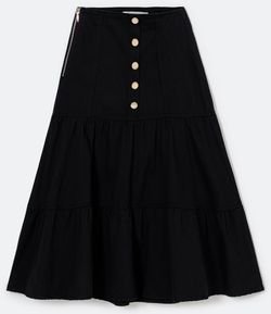 Saia Midi em Sarja com Recortes e Botões