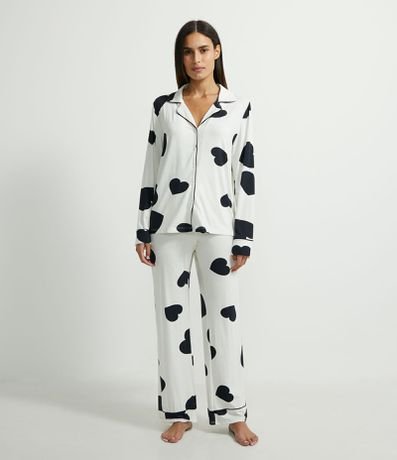 Pijama Americano Longo em Viscolycra com Estampa de Corações Menor preço em Pijama Americano Longo em Viscolycra com Estampa de Corações