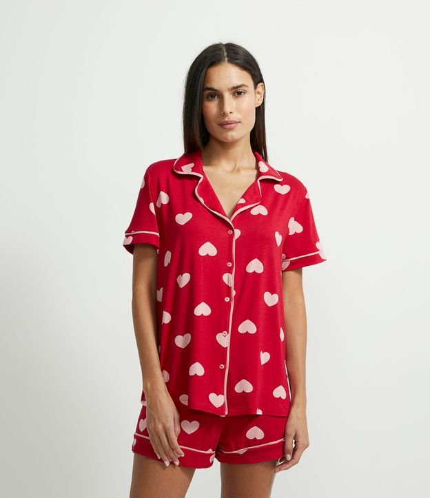 Pijama Americano Corto en Viscolycra con Estampado de Corazones Rojo 1