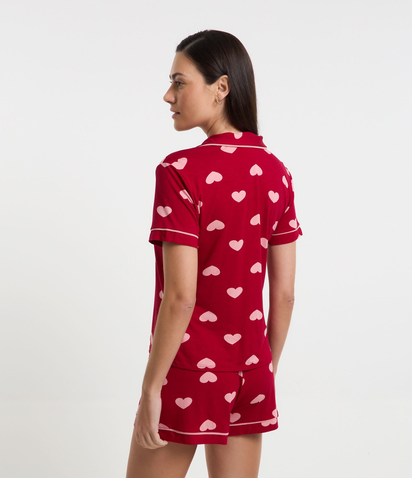 Pijama Americano Curto em Viscolycra com Estampa de Corações Vermelho 2