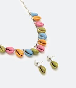 Conjunto Brinco e Colar em Metal com Pendentes de Búzios