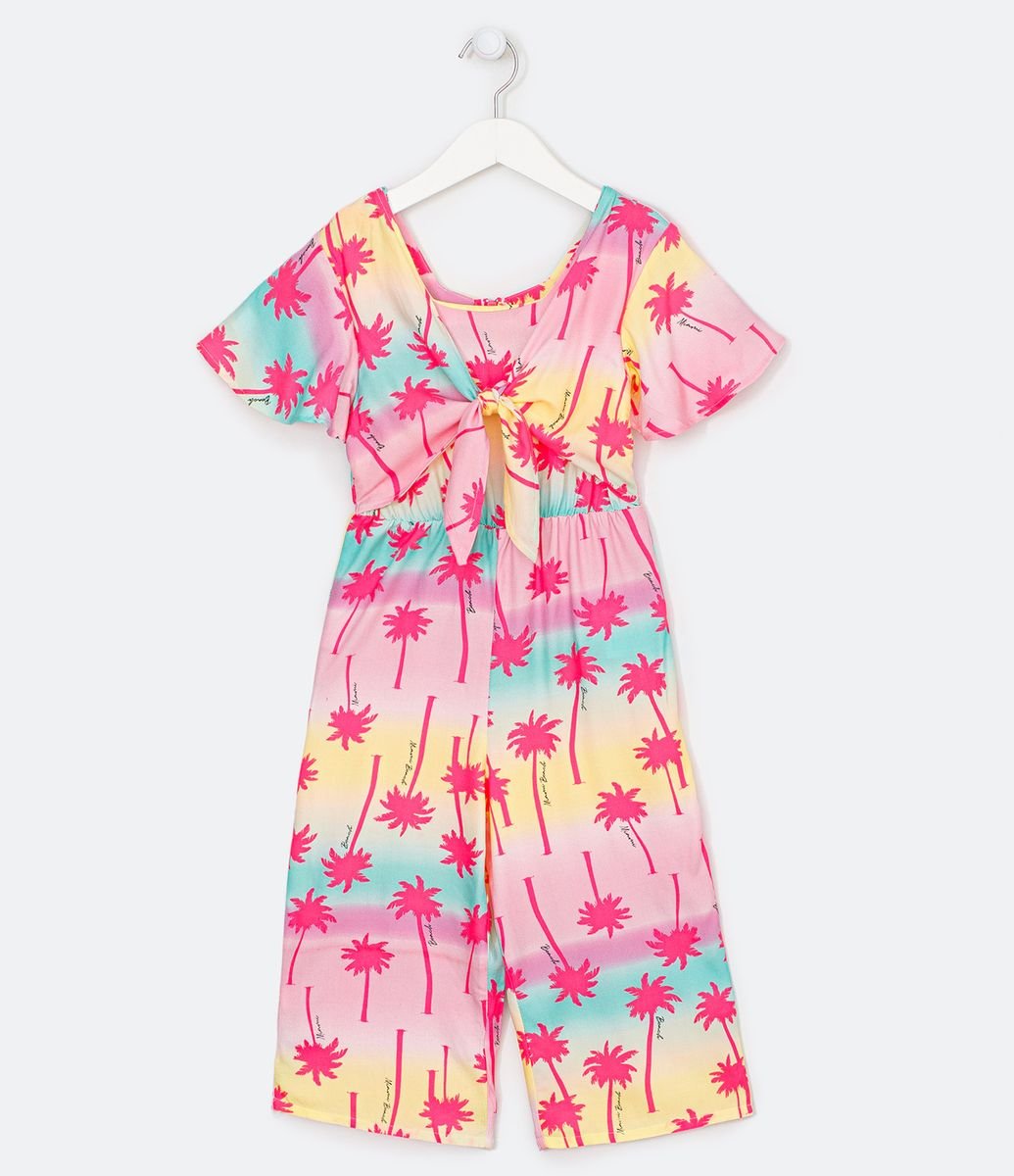 Macacão Infantil Pantacourt em Viscose Estampa de Coqueiros - Tam 5 a 14  anos Rosa