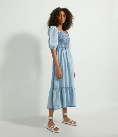 Vestido Midi Jeans Leve com Manga Princesa e Lastex Menor preço em Vestido Midi Jeans Leve com Manga Princesa e Lastex