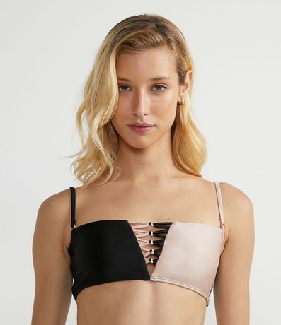 Biquíni Top Bandeau em Poliamida com Tiras no Decote e Recorte Color Block Menor preço em Biquíni Top Bandeau em Poliamida com Tiras no Decote e Recorte Color Block