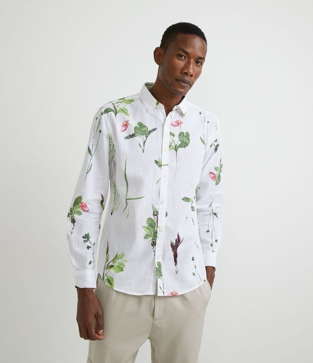 Camisa Comfort Em Linho Com Estampa Botânica - Cor: Branco - Tamanho: G