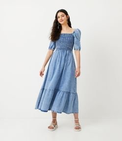 Vestido Midi Jeans com Manga Bufante e Lastex