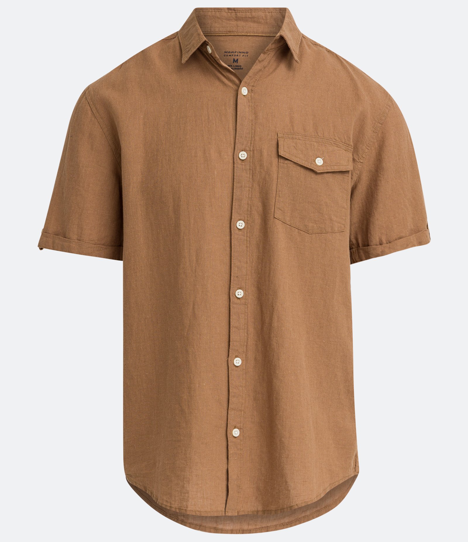 Camisa Comfort em Linho com Bolso e Dobra na Manga Marrom Médio 5