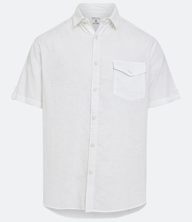 Camisa Comfort em Linho com Bolso e Dobra na Manga Branco 5