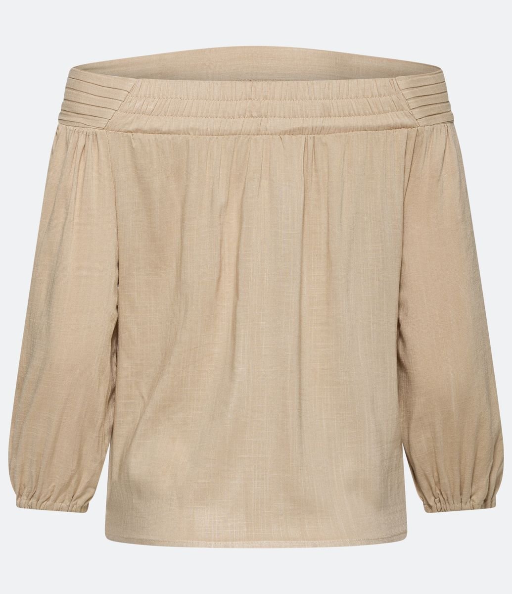 Blusa Bata em Viscose Decote Ombro a Ombro com Pregas Bege - Renner