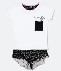Pijama Curto em Viscolycra com Estampa Dog e Bolsinho