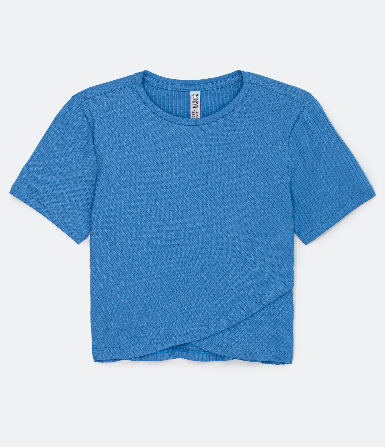 Blusa Cropped Básica em Viscose Canelada com Transpasse na Barra Azul Médio 6