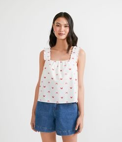 Blusa Regata em Tricoline com Alças Largas Franzidas e Estampa de Borboletas