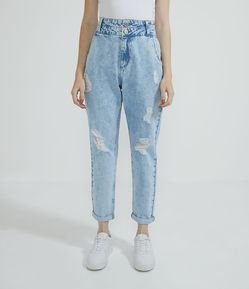 Calça Mom Jeans com Cós Duplo e Puídos