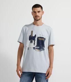 Camiseta Manga Curta em Algodão com Estampa Guitarra e Amplificador