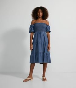 Vestido Longo em Liocel com Lastex no Corpo e Babados na Saia