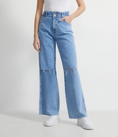 Calça Wide Leg Jeans com Elástico no Cós e Corte no Joelho Azul - Renner