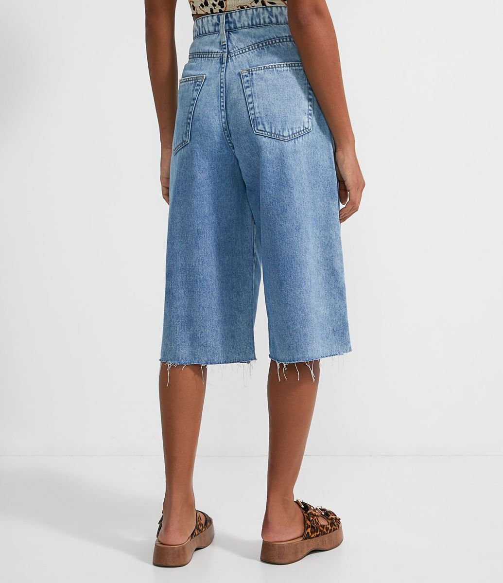 Bermuda Wide Leg Jeans com Cintura Alta e Barra a Fio Azul Renner