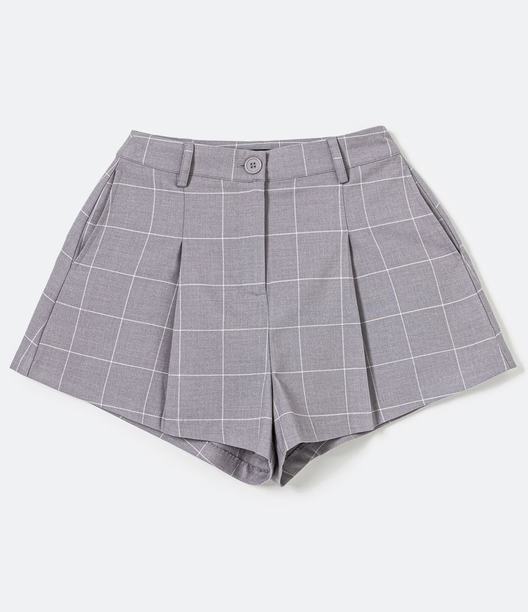 Short Ancho Cuadrillé con Bolsillos y Pliegas Gris