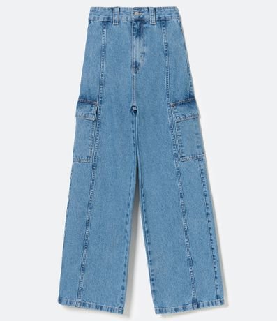 Calça Wide Leg Jeans com Recortes e Bolsos Cargo Menor preço em Calça Wide Leg Jeans com Recortes e Bolsos Cargo