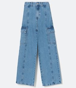 Calça Wide Leg Jeans com Recortes e Bolsos Cargo