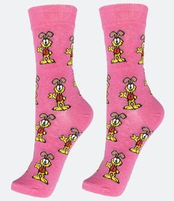 Meia Cano Alto em Algodão com Estampa Odie Garfiled