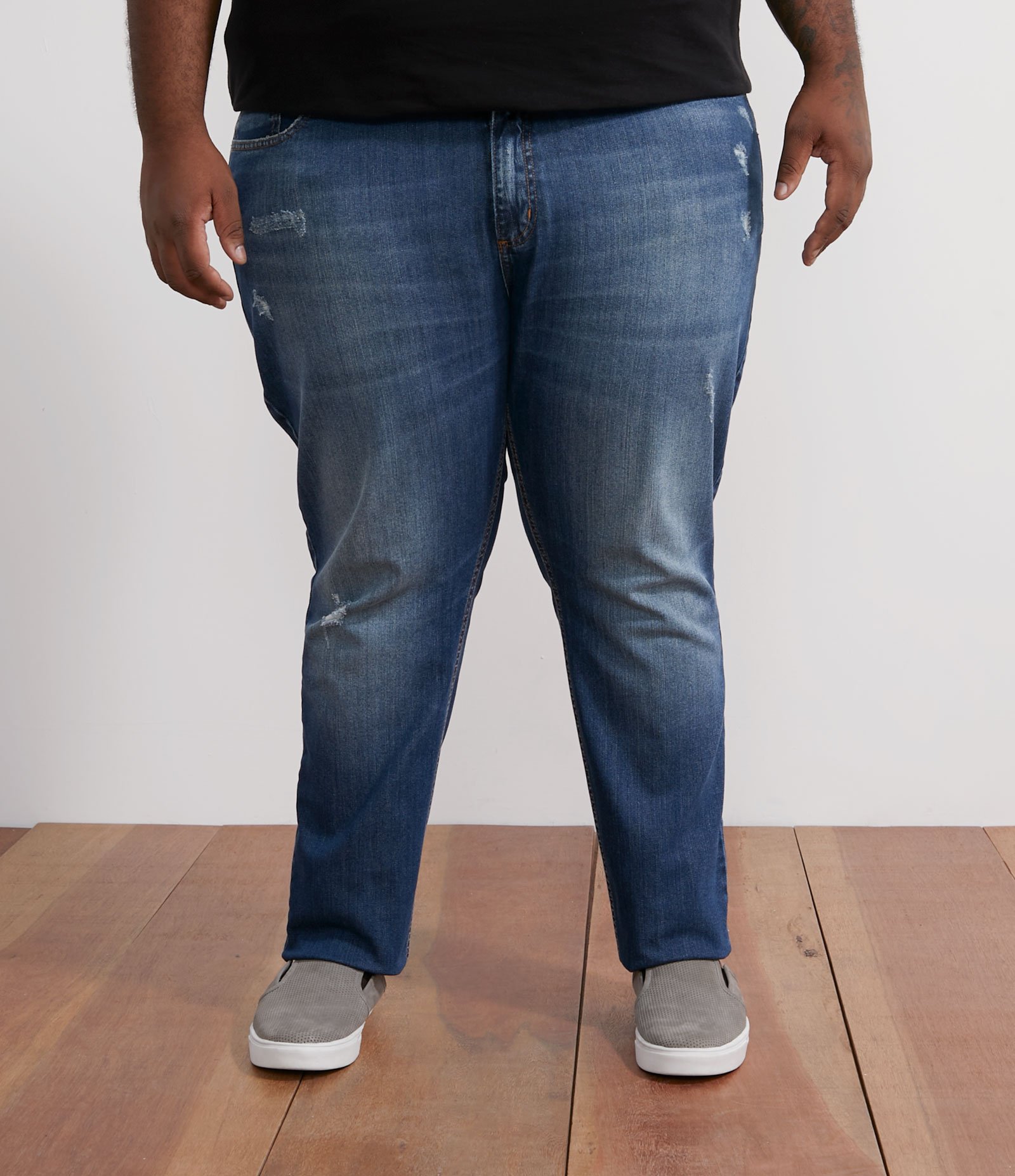 Calca Jeans Slim com Puídos - Plus Size Azul 1