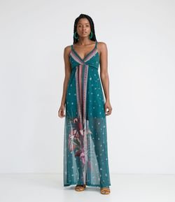 Vestido Longo em Tule com Estampa de Estrelas e Folhagem