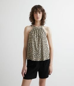 Blusa Regata em Viscolycra com Gola Halter e Estampa Poá