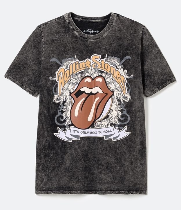 Camiseta Alongada em Algodão Marmorizado com Estampa Rolling Stones Preto 5