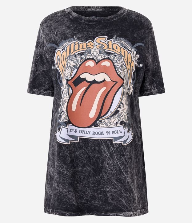 Camiseta Alongada em Algodão Marmorizado com Estampa Rolling Stones Preto 6