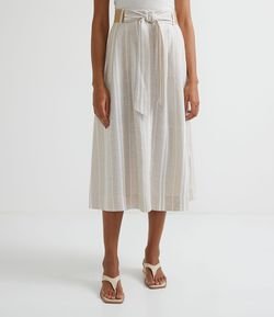 Saia Midi em Viscolinho Listrada com Cinto de Palha