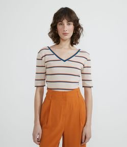 Blusa em Tricô Listrado com Decote V Frente e Costas e Manga Curta