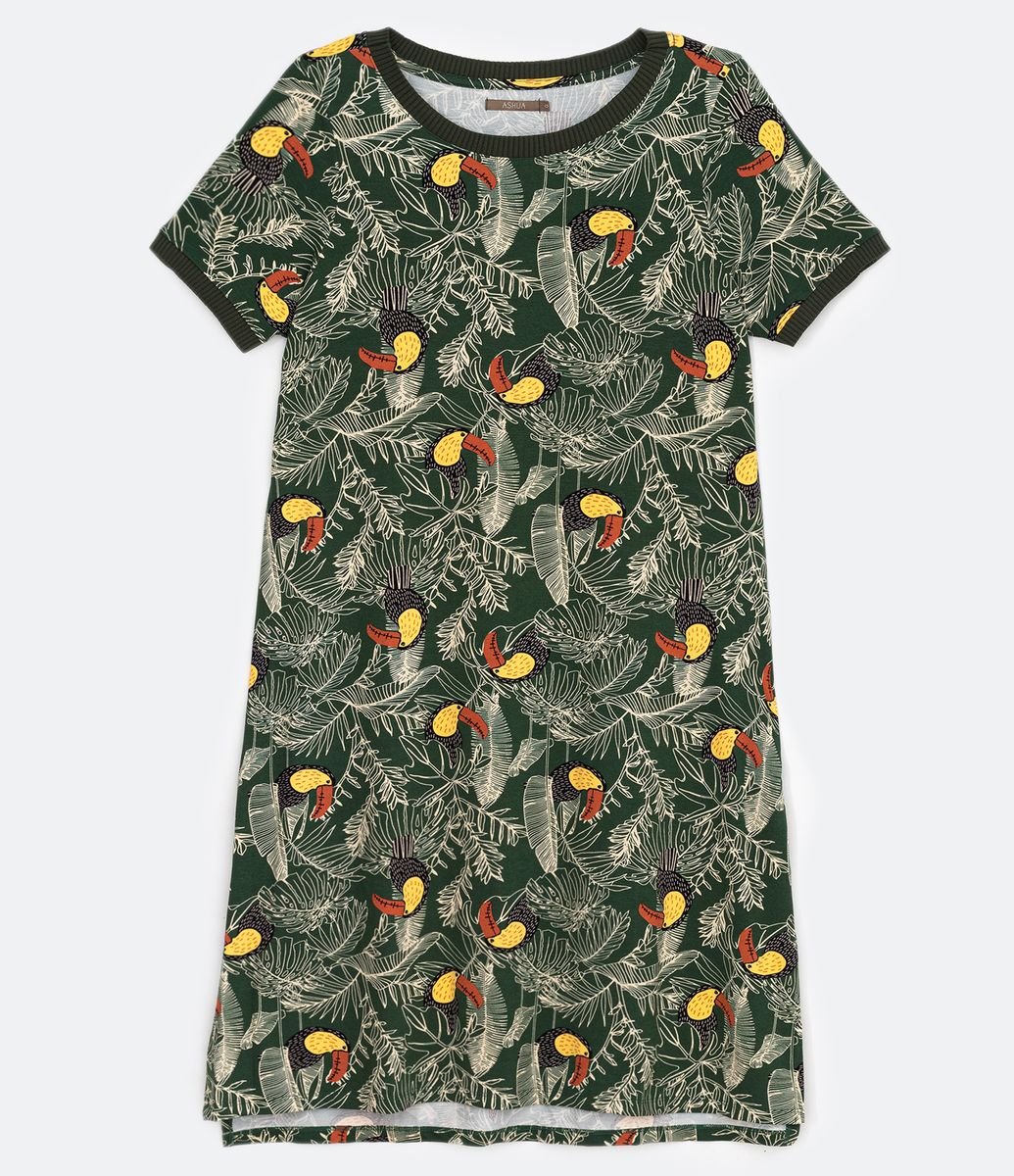 Menor preço em Vestido Curto em Viscose com Estampa de Folhagem e Tucanos Curve & Plus Size