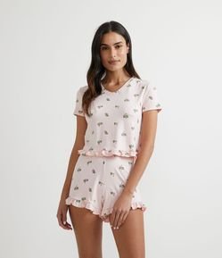 Pijama Curto em Viscolycra com Estampa de Folhas