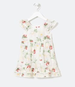 Vestido Infantil Estampado Floral con Mini Pompóns en las Barras - Tam 1 a 5 años