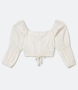 Blusa Cropped Manga Longa com Amarração na Barra e Fio Metalizado
