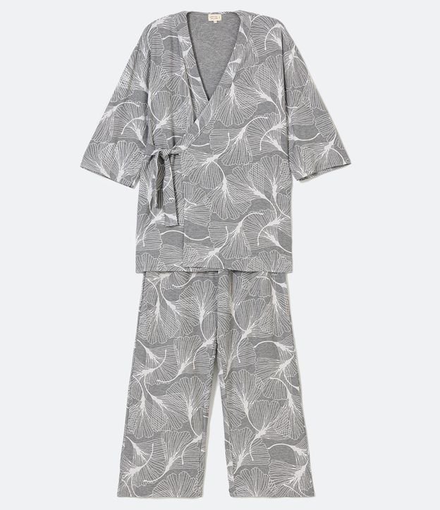 Pijama Manga Corta en Viscolycra Estampado de Hojas Gris 7