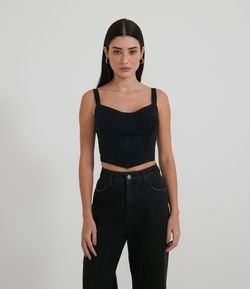 Blusa Cropped Jeans com Recorte no Busto e Zíper Frontal