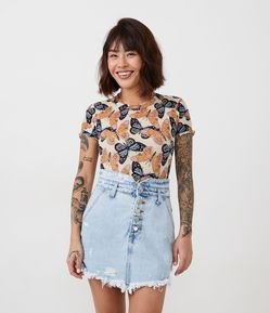 Blusa em Ribana com Estampa de Borboletas e Manga Curta