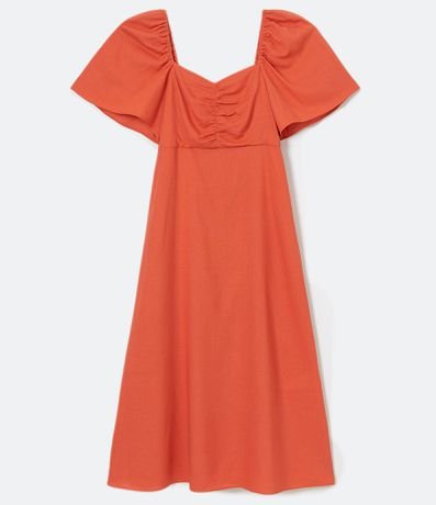 Vestido Midi em Viscolinho com Franzido no Busto e Manga Ampla Menor preço em Vestido Midi em Viscolinho com Franzido no Busto e Manga Ampla