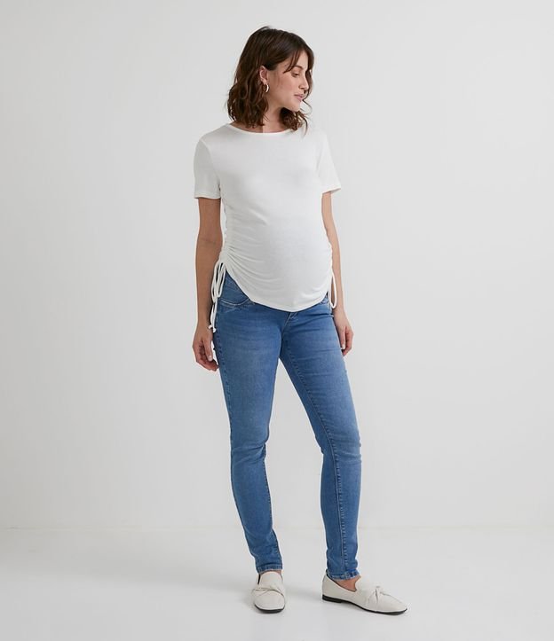 Calça Skinny Jeans com Barrigueira em Malha Maternity Azul
